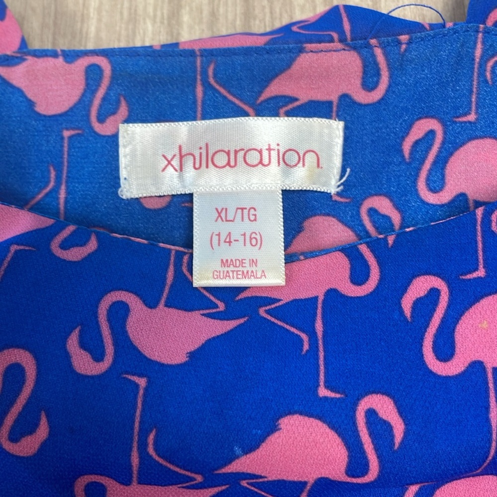Bright blue and pink flamingo patterned dress with edging, size 14/16 youth.